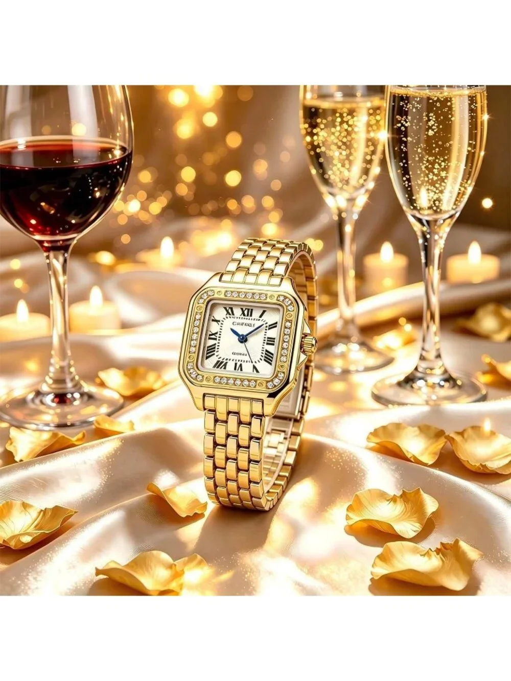 Women's Gold Roman Dial Bangle Stainless Steel 2 Bracelets Set Ladies Wristwatch